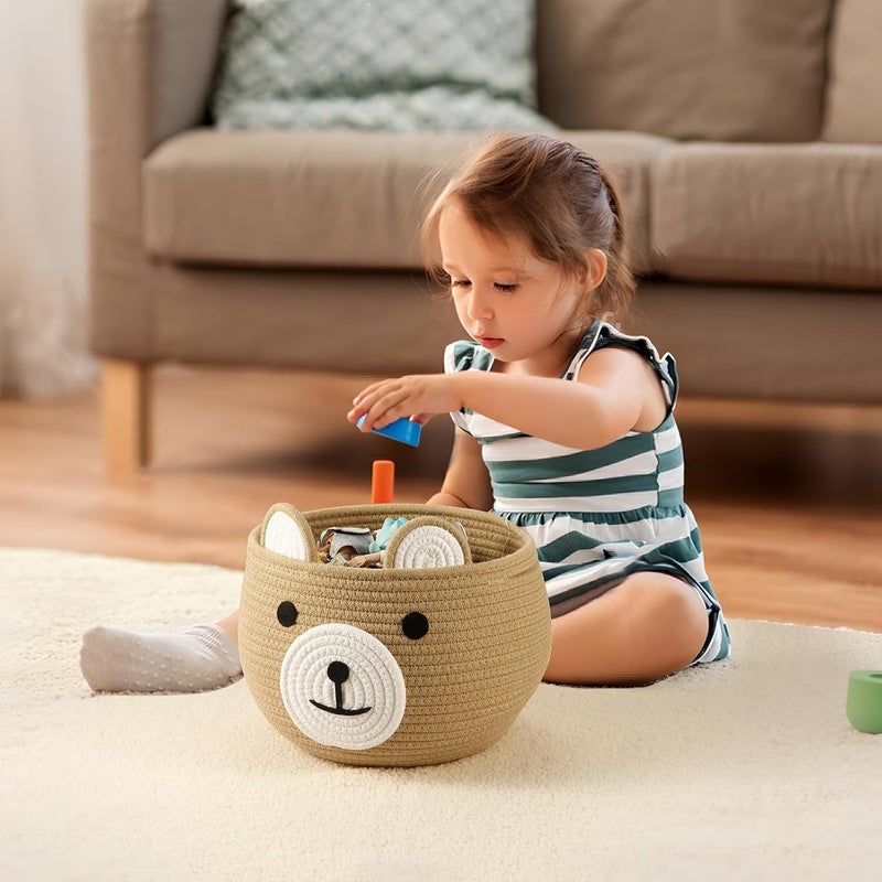 PandaEar Cotton Rope Baby Basket, Baby Gift Basket Nursery Laundry Organizer with Cute Bear Design for Storage Infant Newborn Essentials, Diaper Caddy with Handle (Brown) - Image 4